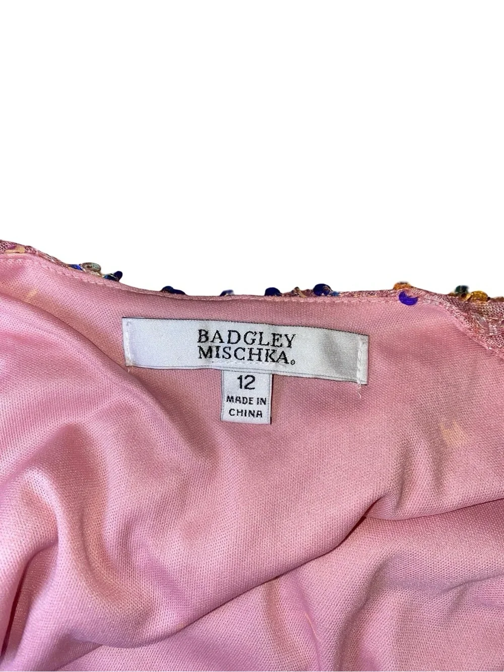 Badgley Mischka Girls Pink Sequin Sheath Dress Organza Puff Sleeve Size 12 NWT